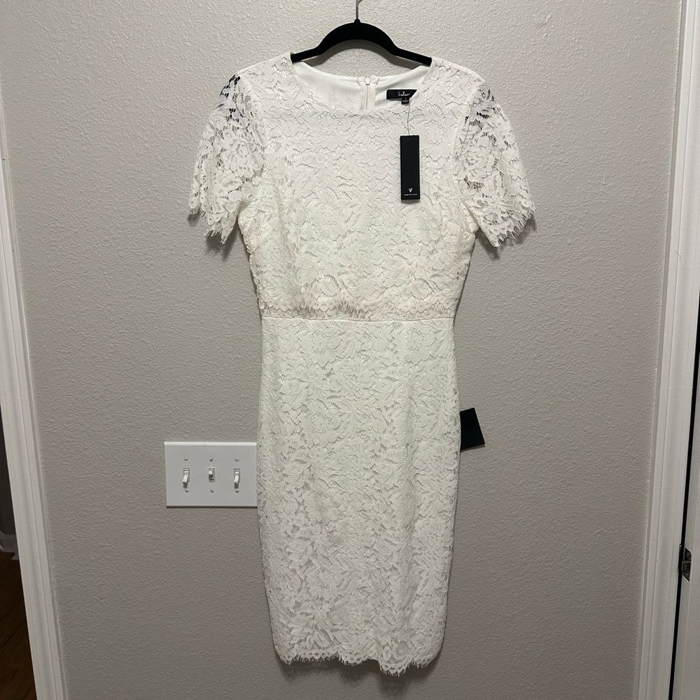 NWT Lulus Womens Devotion White Lace Short Sleeve Midi Dress Size Small